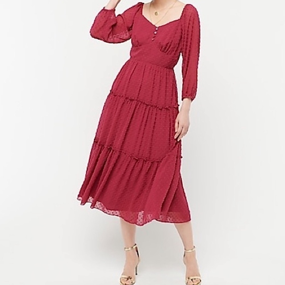 J. Crew Tiered Blouson Sheer Long Sleeve Midi Dress Swiss Dot Dark Berry‎ 2